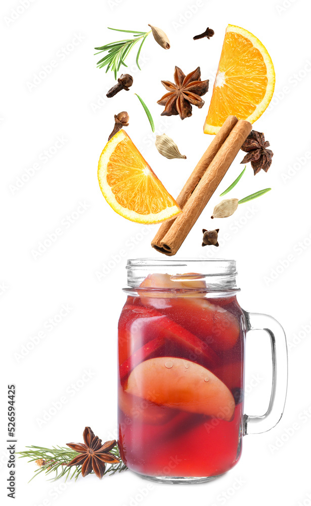 Mason jar of tasty mulled wine on white background