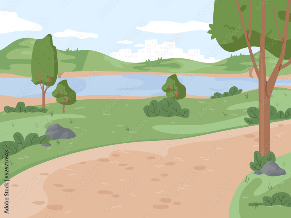 Landscape park, river ponds, green trees and grass scenery background. Vector ecology clean nature, 