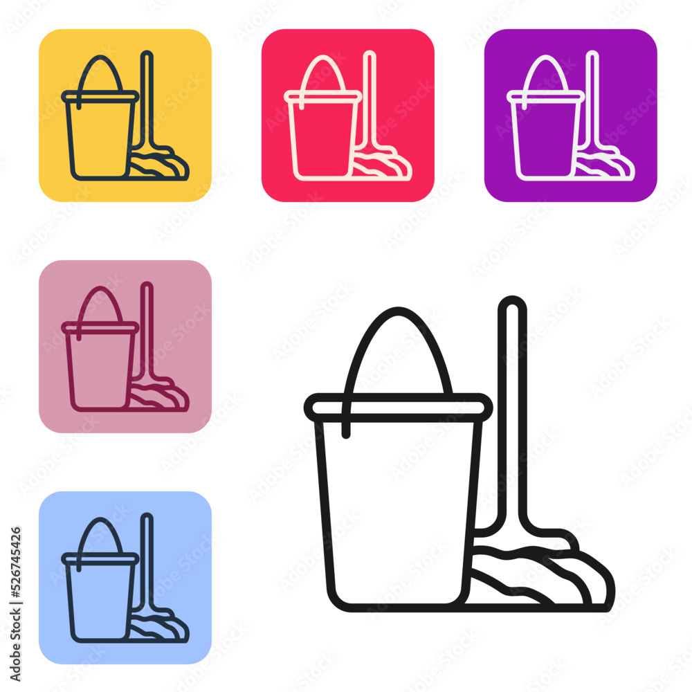 Black line Mop and bucket icon isolated on white background. Cleaning service concept. Set icons in 