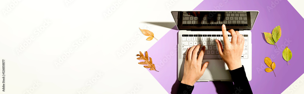 Autumn leaves with person using a laptop computer from above