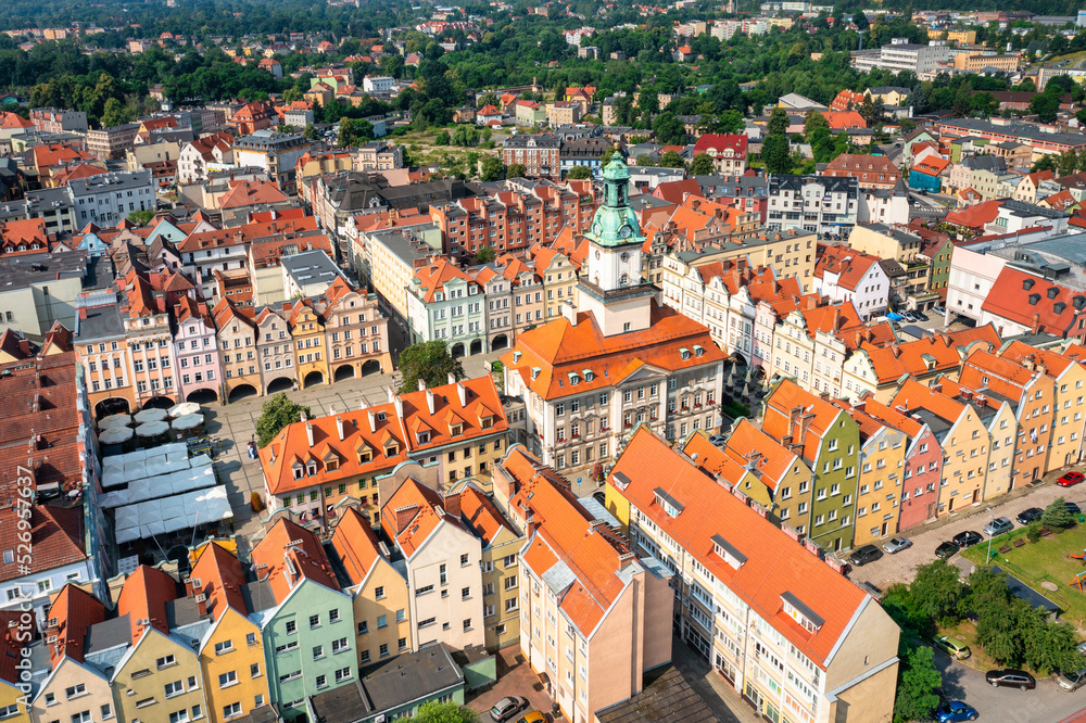 Beautiful architecture of the Town Hall Square in Jelenia Gora at summer, Poland