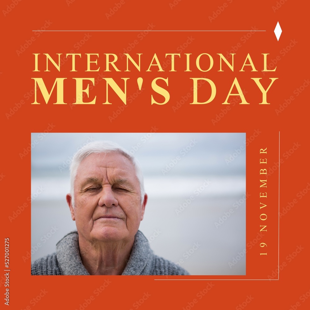 Digital image of senior caucasian man with eyes closed at beach, international mens day text