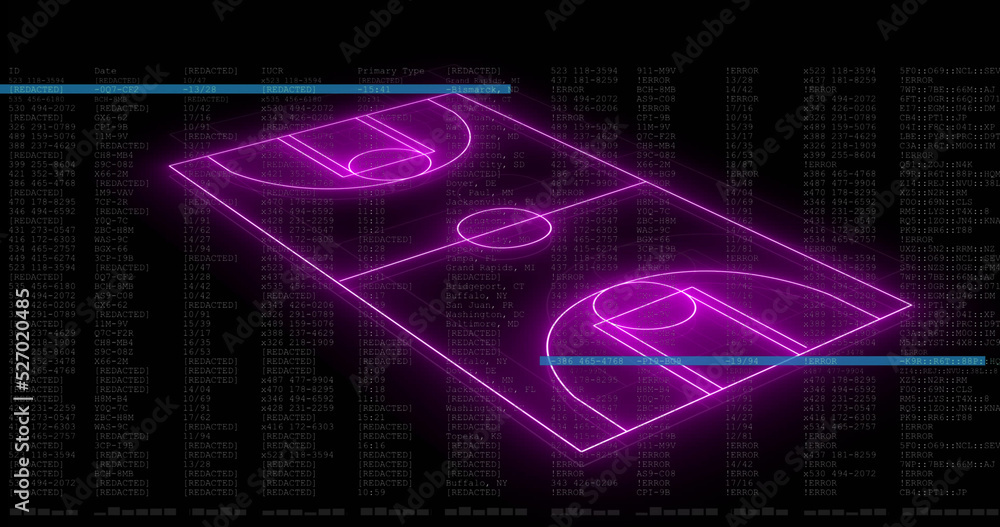 Image of computer graphic 3d neon soccer field over data processing on digital interface