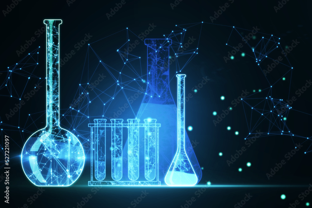 创意蓝色科学壁纸，低聚网络和烧瓶。基因研究。基因工程