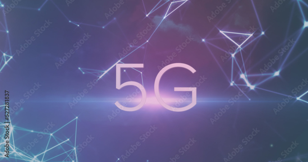 蓝色背景下连接网络的5g文本和光点图像