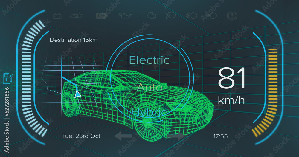 Image of data processing over digital car on black background