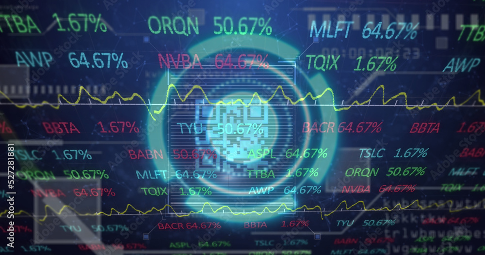 Image of scope scanning with qr code over stock market on black background