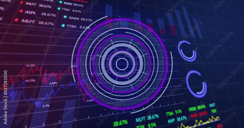 蓝色背景下股票市场数据处理上的圆形扫描仪图像