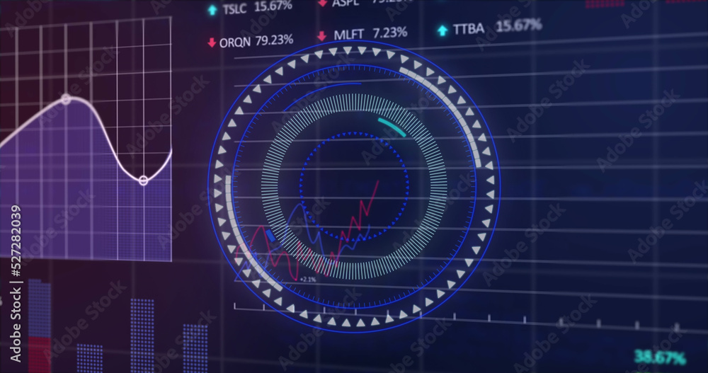 蓝色背景下股票市场数据处理上的圆形扫描仪图像