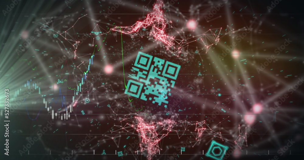 Image of financial data processing over qr code and connections