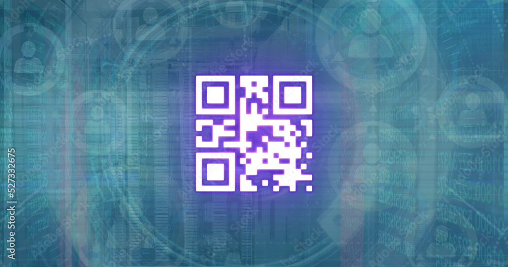 Image of qr code and scanner processing data over network of people icons