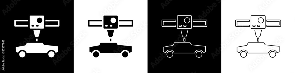 将3D打印机汽车图标隔离在黑白背景上。3D打印。矢量