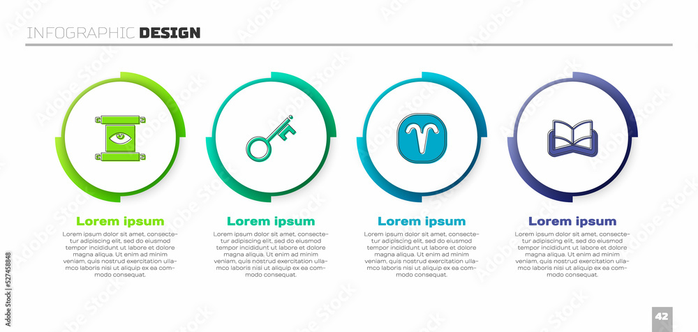 设置古代魔法卷轴，老钥匙，白羊座黄道十二宫和书籍。商业信息图模板。矢量