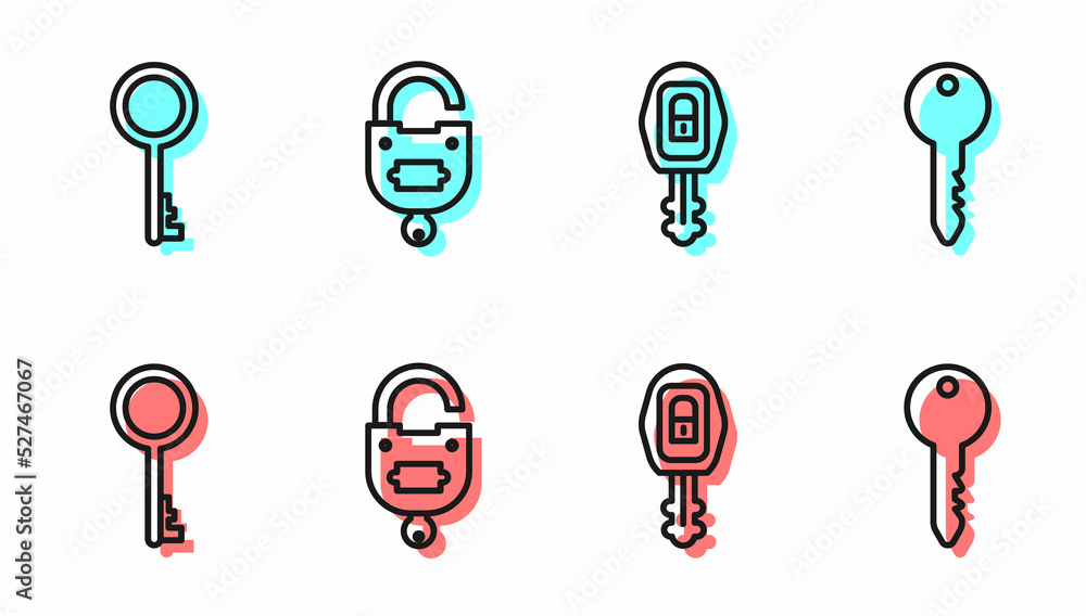 Set line Car key with remote, Old key, Lock and key and Key icon. Vector