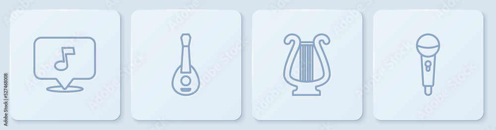设置线条音乐音符、音调、古代七弦琴、吉他和麦克风。白色方形按钮。矢量
