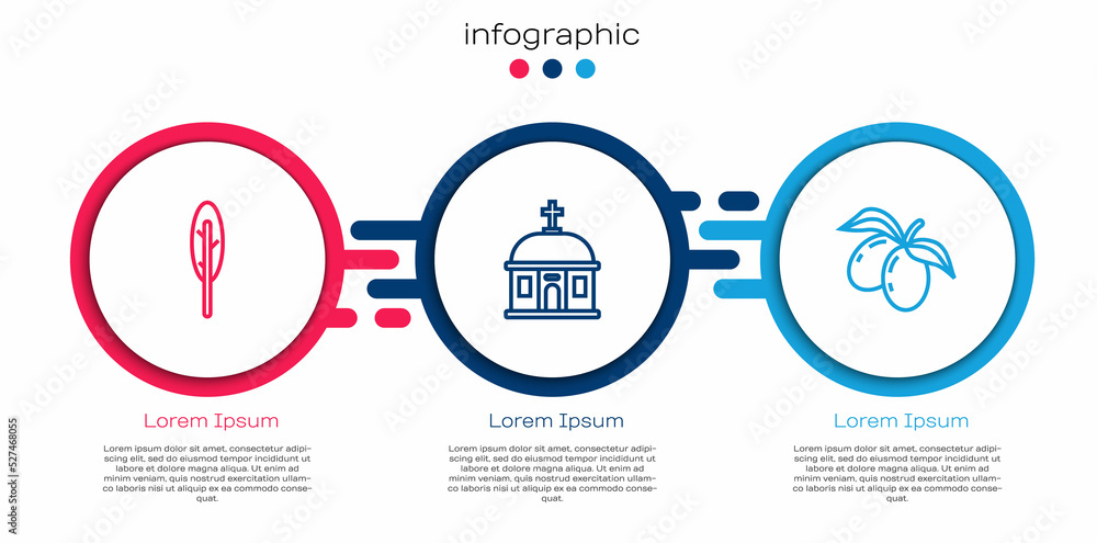 Set line Feather pen，Santorini building and Olives branch。商业信息图模板。Vector