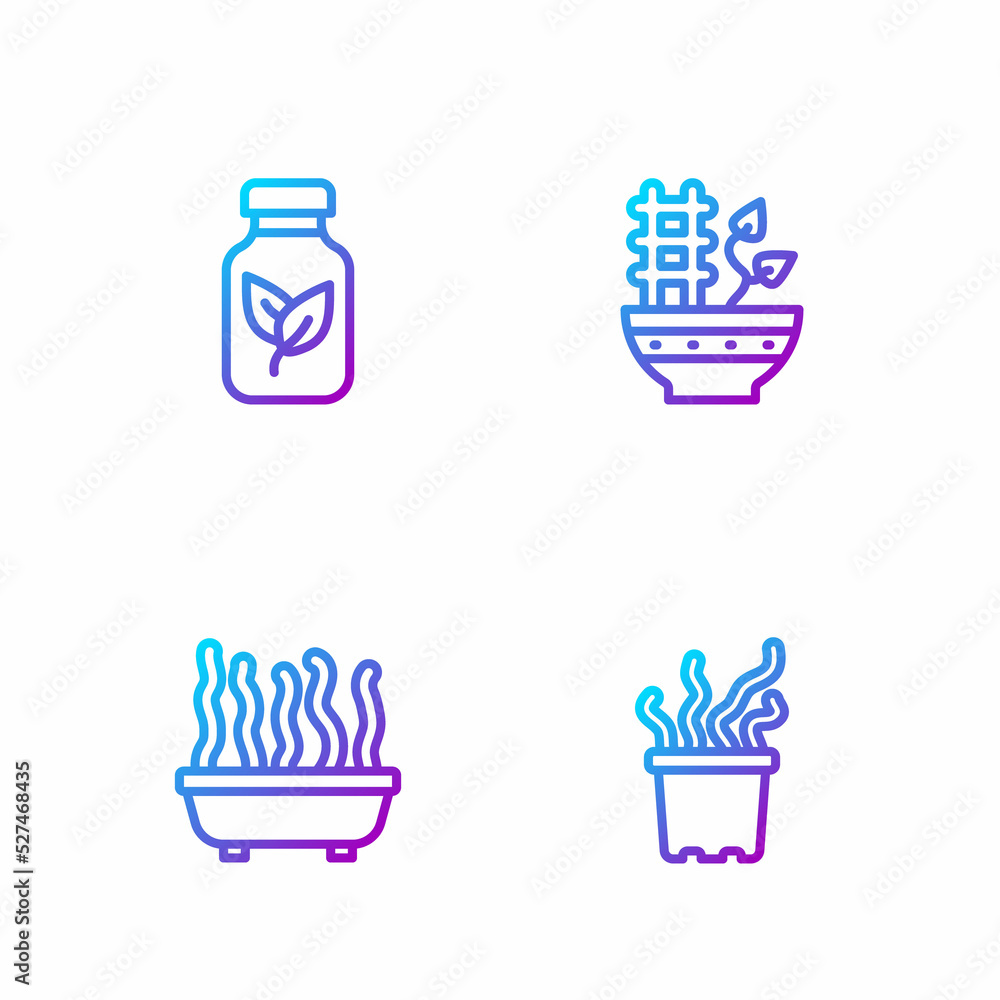 Set line Exotic tropical plant in pot, Plant, Fertilizer bottle and . Gradient color icons. Vector