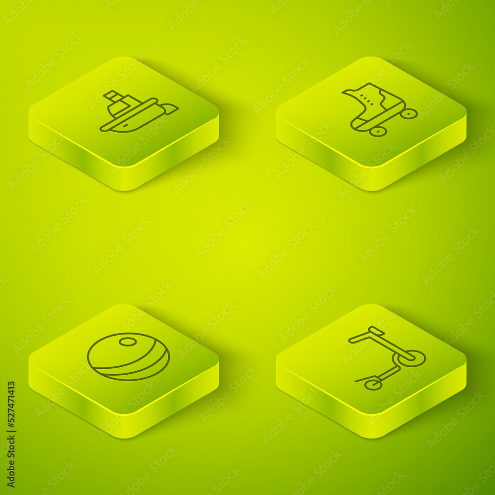 Set Isometric line Roller skate, Beach ball, scooter and Toy boat icon. Vector