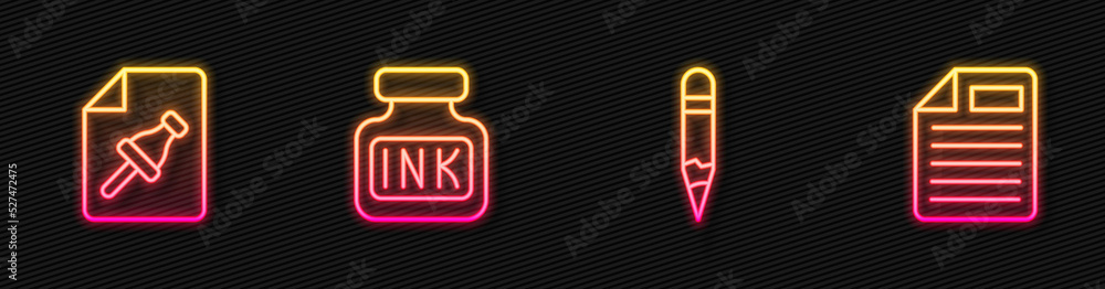 Set line Pencil, Note paper with push button, Inkwell and File document. Glowing neon icon. Vector