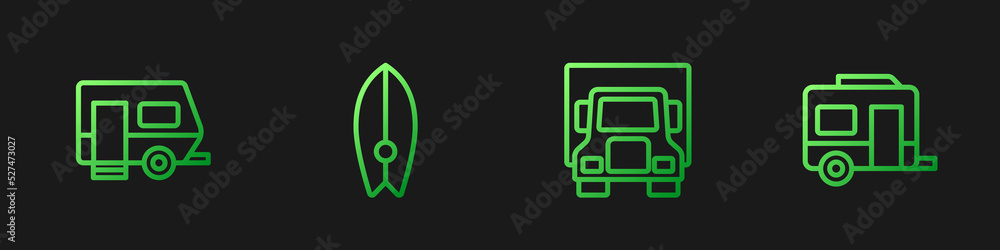 Set line Delivery cargo truck, Rv Camping trailer, Surfboard and . Gradient color icons. Vector