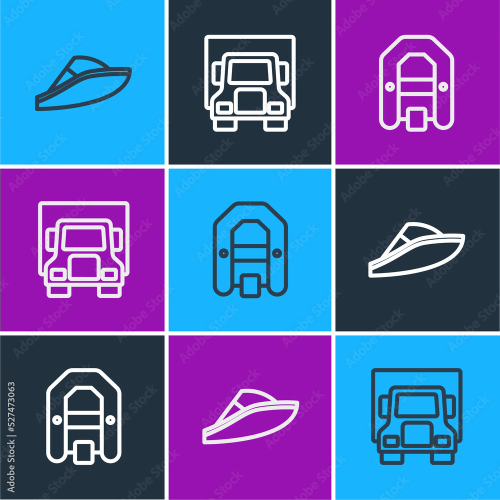 Set line Speedboat, Rafting and Delivery cargo truck icon. Vector