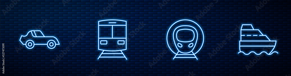 设置线路火车和铁路、汽车和游轮。砖墙上闪闪发光的霓虹灯图标。矢量