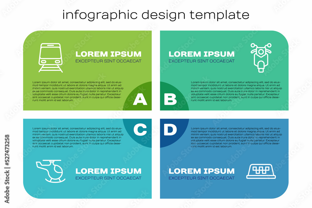 设置线路直升机、火车和铁路、出租车车顶和滑板车。商业信息图模板。Ve
