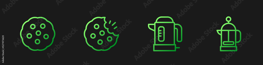 Set line Electric kettle, Cookie or biscuit, and French press. Gradient color icons. Vector