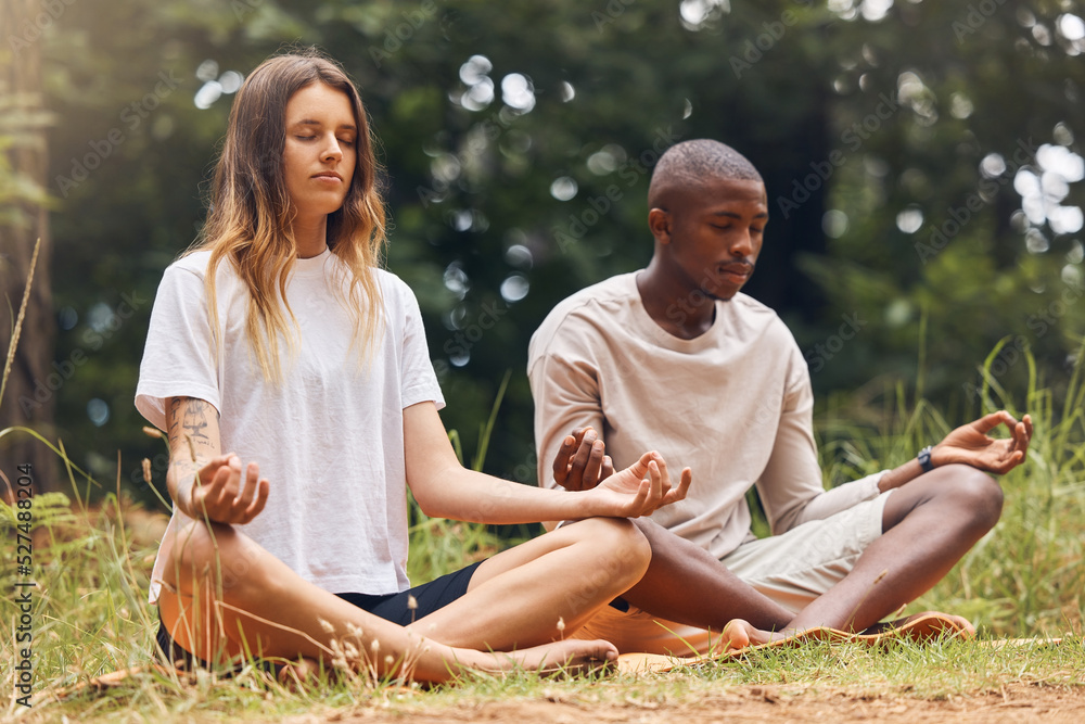 Yoga, interracial couple and meditation for zen and balance with black man and white woman sitting i