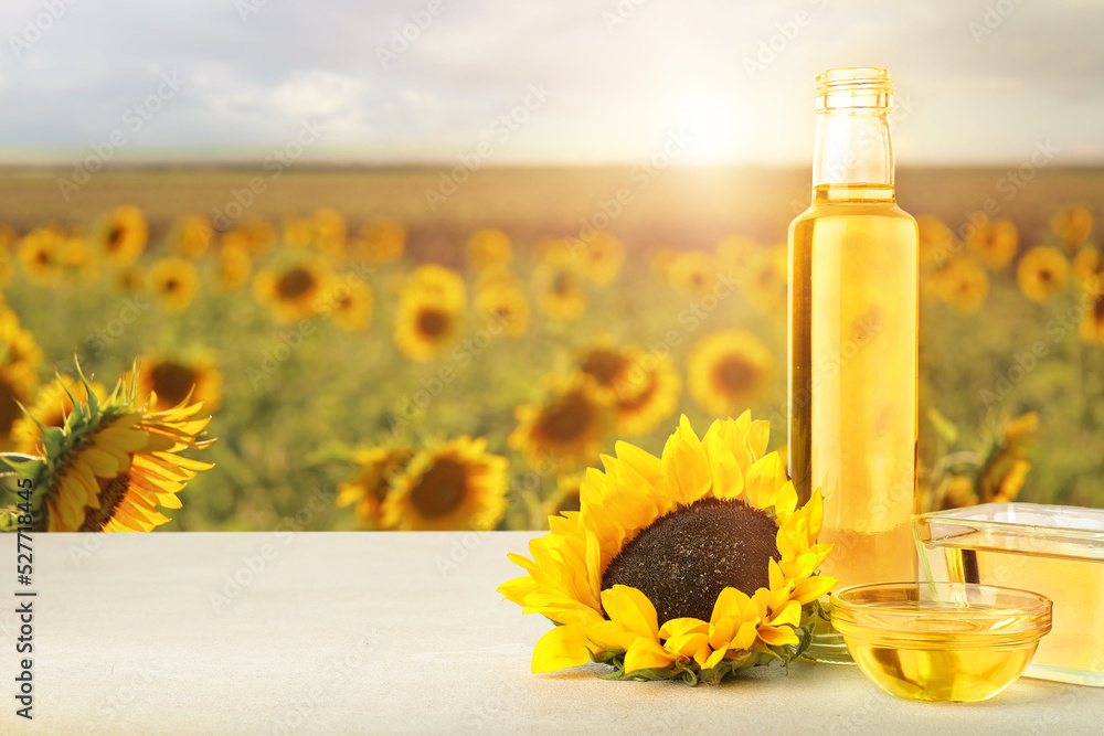 Glassware of oil on table in sunflower field