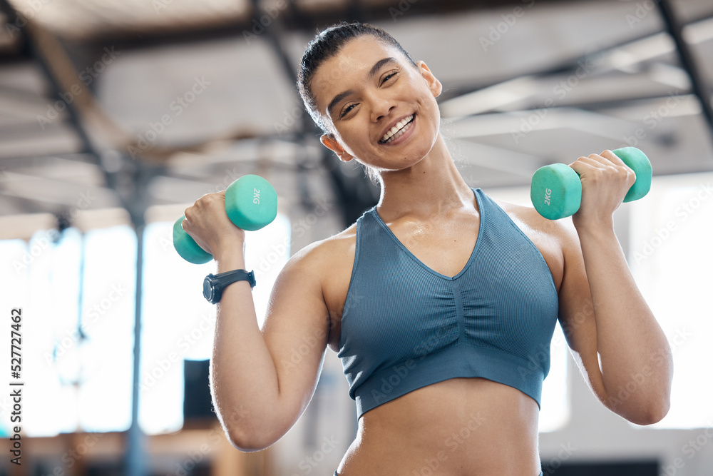 Happy, health and fitness, a woman with dumbbells and a weight training workout. Exercise and beauty