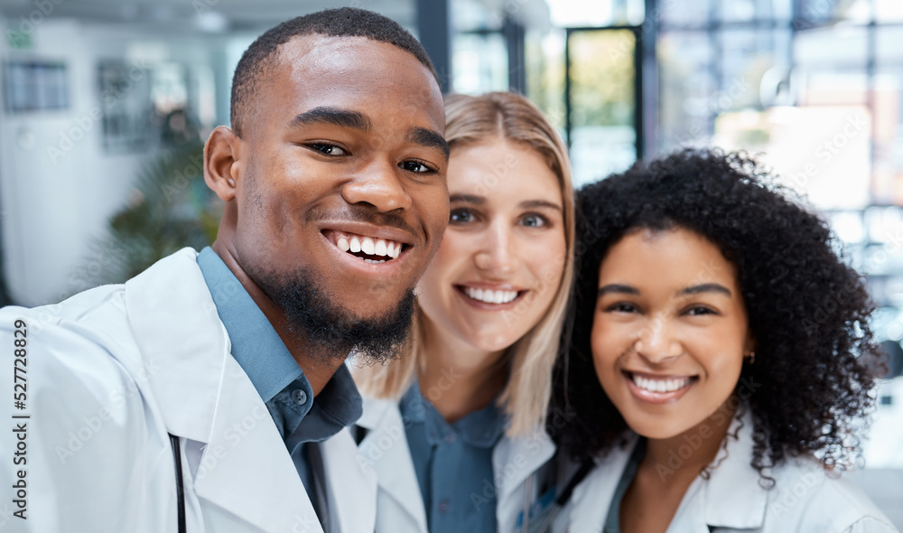 Doctor, healthcare and selfie with a medicine team of medical staff working together in a hospital o