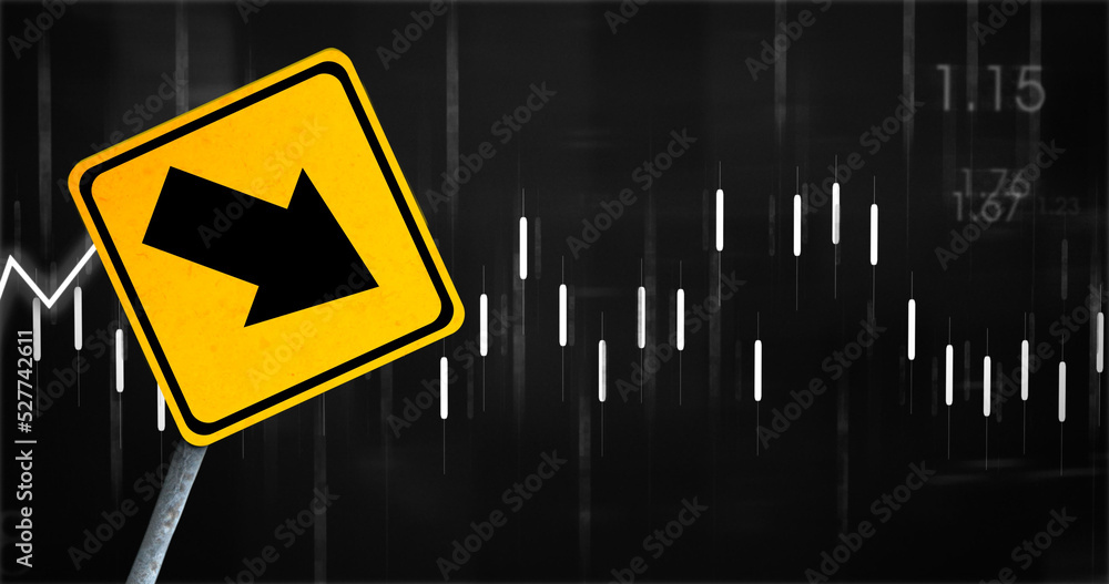 Image of financial data processing and road sign over black background