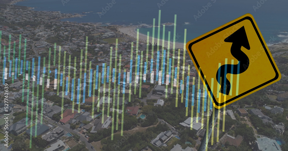 路标和城市景观上的财务数据处理图像