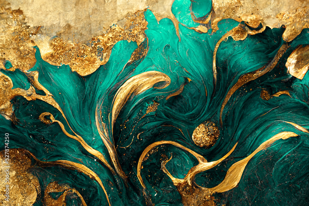 Spectacular realistic abstract backdrop of a whirlpool of teal and gold. Digital art 3D illustration