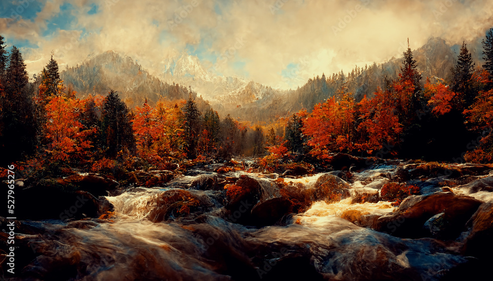 Spectacular autumnal forest panorama with a mountain range in the distance, bright orange leaves on 