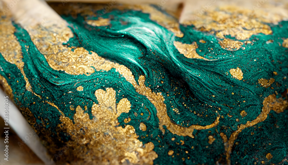 Spectacular realistic abstract backdrop of a whirlpool of teal and gold. Digital art 3D illustration