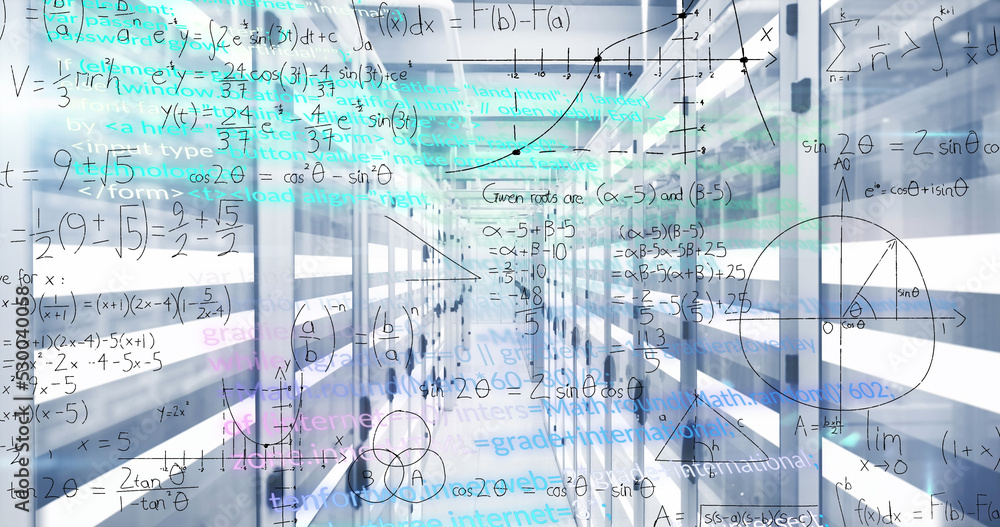 Image of mathematical equations and data processing over computer servers