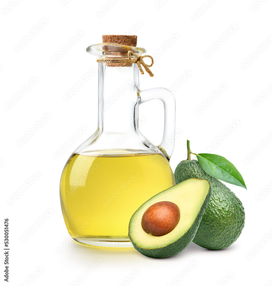 Avocado oil with avocado fruit and leaves isolated on white background.