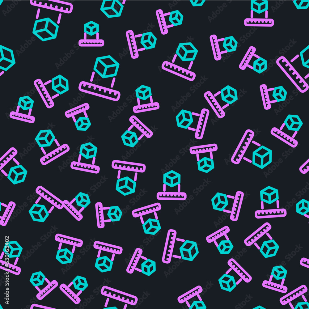 Line Isometric cube icon isolated seamless pattern on black background. Geometric cubes solid icon. 