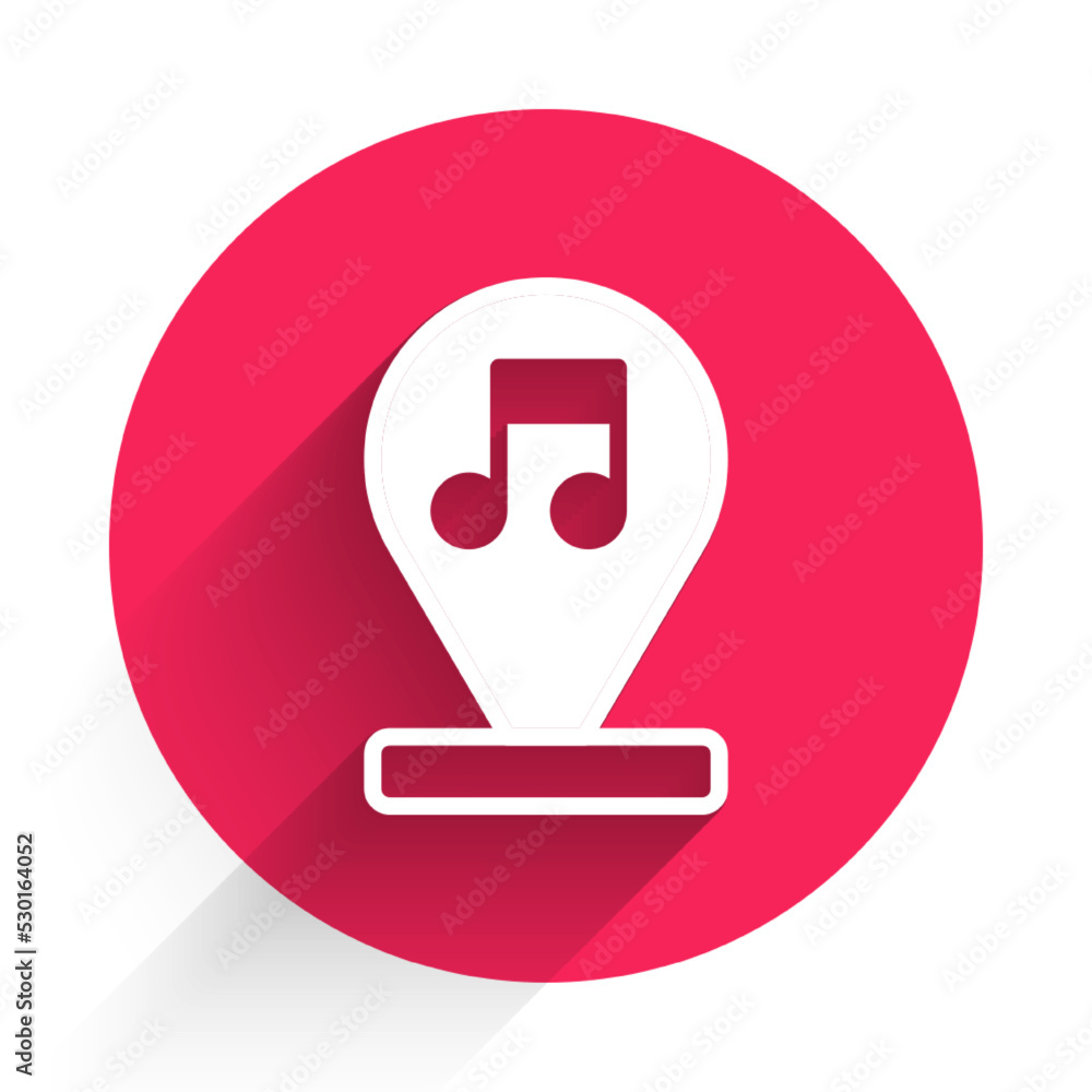 White Music note, tone icon isolated with long shadow. Red circle button. Vector