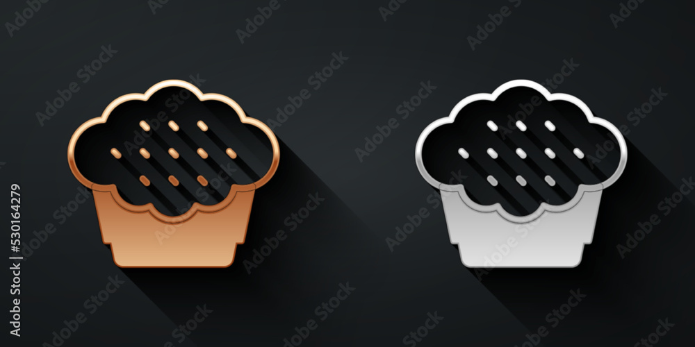 Gold and silver Muffin icon isolated on black background. Long shadow style. Vector