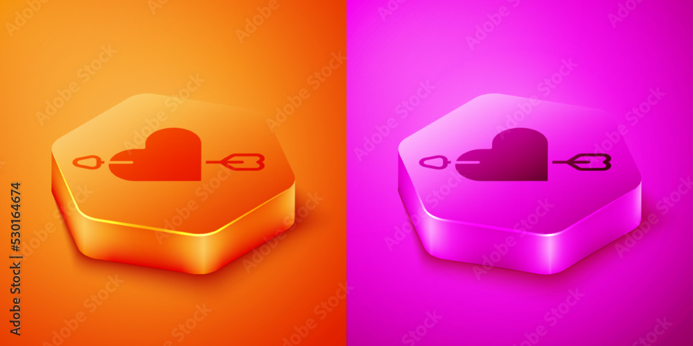 Isometric Amour symbol with heart and arrow icon isolated on orange and pink background. Love sign. 