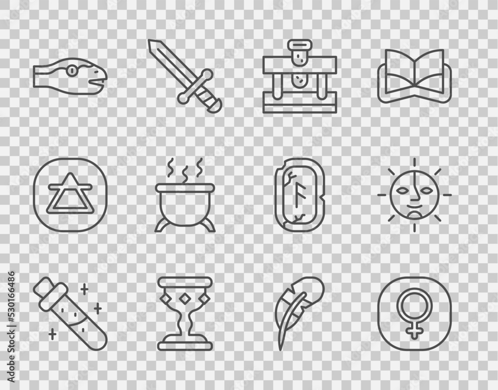 Set line Bottle with potion, Venus, Medieval goblet, Snake, Witch cauldron, Feather pen and Sun icon