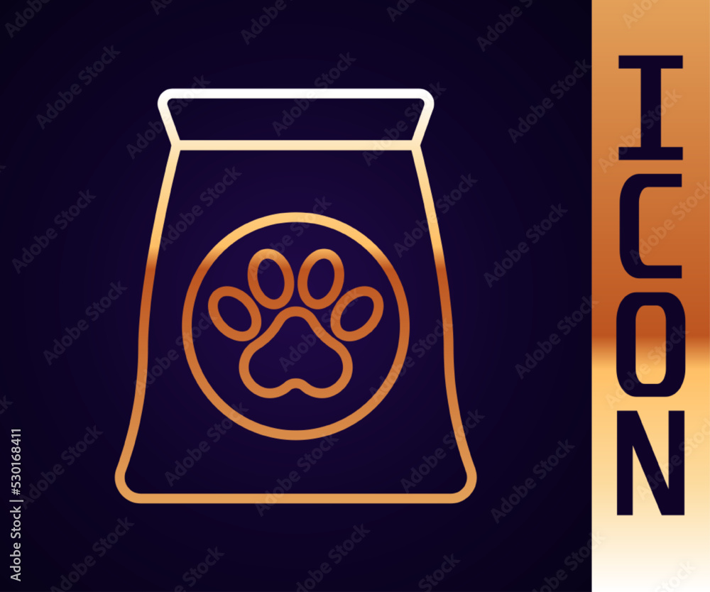 Gold line Bag of food for pet icon isolated on black background. Food for animals. Dog bone sign. Pe