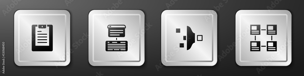 Set Server, Data report, Data, Web Hosting, Filter setting and Hierarchy organogram chart icon. Silv