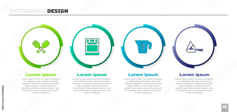 设置交叉叉和勺子，烤箱，量杯和煎锅。商业信息图模板。Vecto