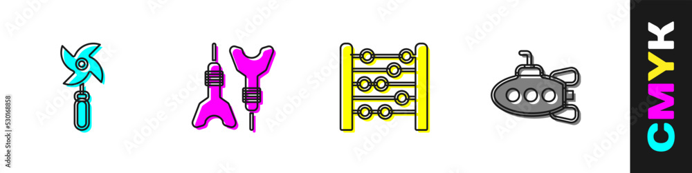 设置风车玩具、飞镖箭头、算盘和潜艇图标。矢量