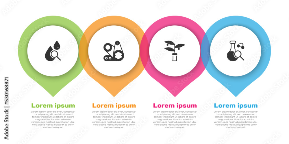 Set Drop and magnifying glass, Timing belt kit, Plant breeding and Test tube. Business infographic t