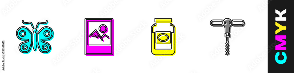 设置蝴蝶、相框、果酱罐和葡萄酒开瓶器图标。矢量
